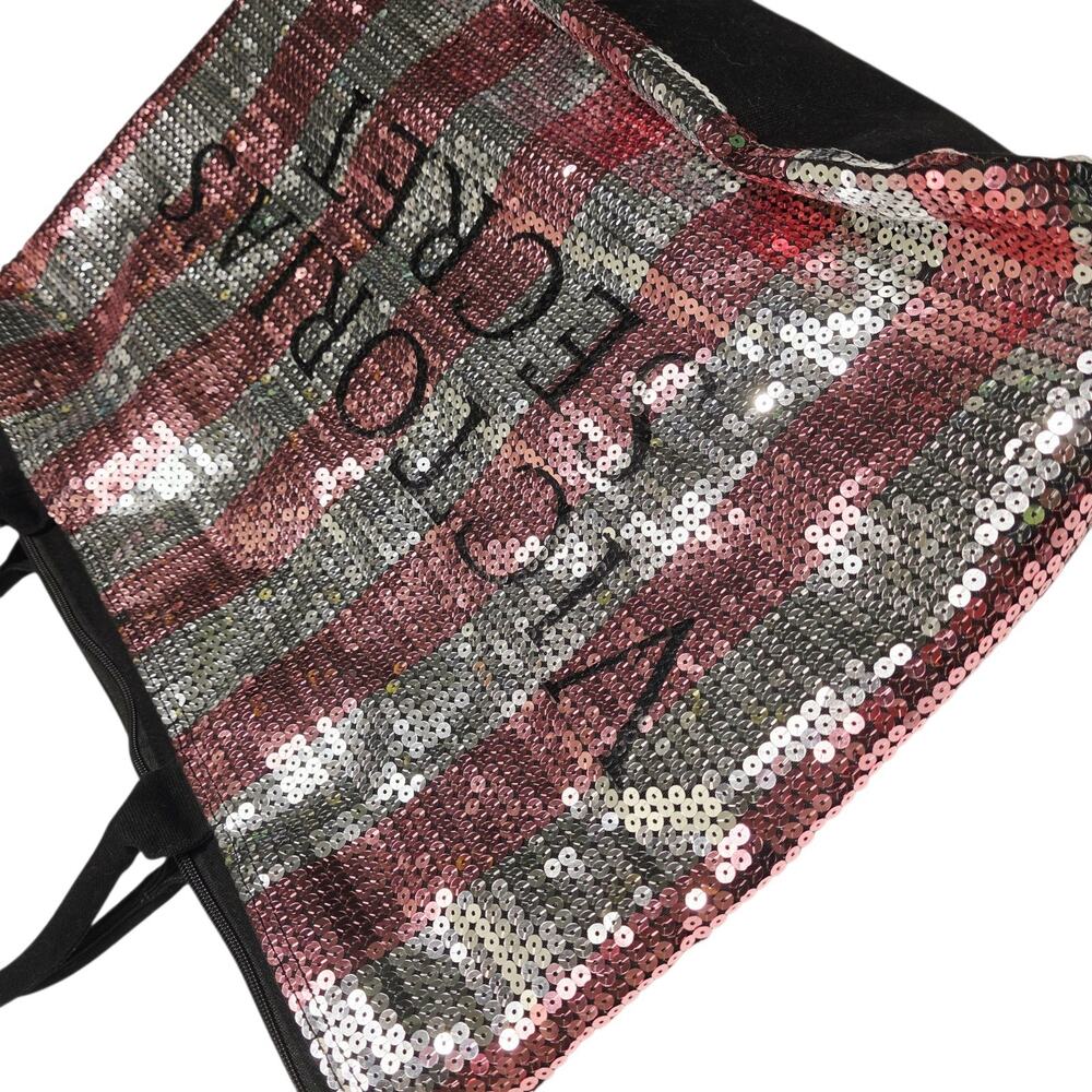 Victoria's Secret Large Zip Shoulder Bag Sequin Striped Pink Weekender Tote - Picture 3 of 7